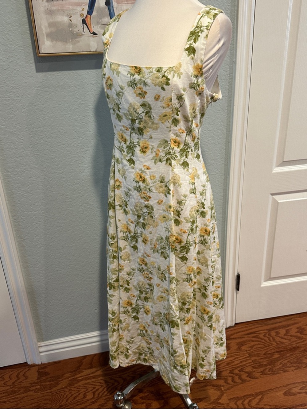 Laura Ashley Sz 14 VTG Floral Midi Dress White Yellow Cottage Square Neck • NEW! - Picture 5 of 12